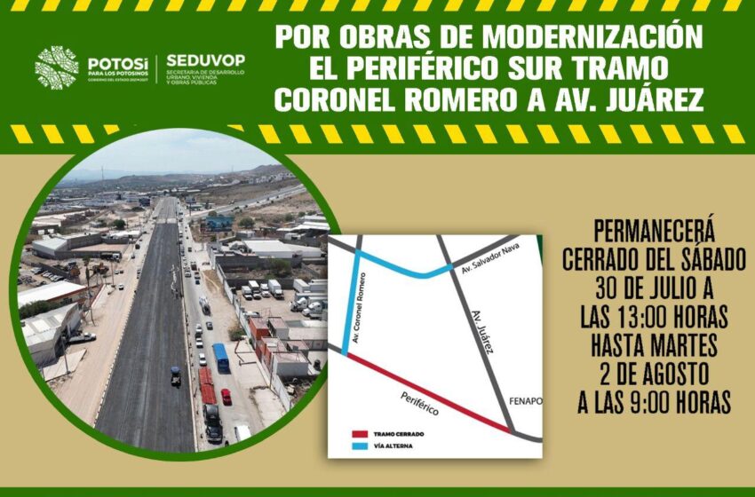 Inicia cierre vial en tramo sur del Circuito Potosí