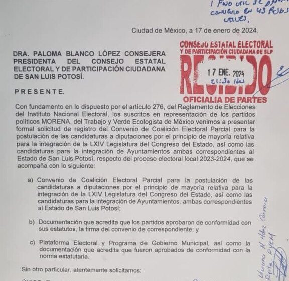 Firman PVEM, PT y Morena convenio de Coalición parcial en San Luis Potosí