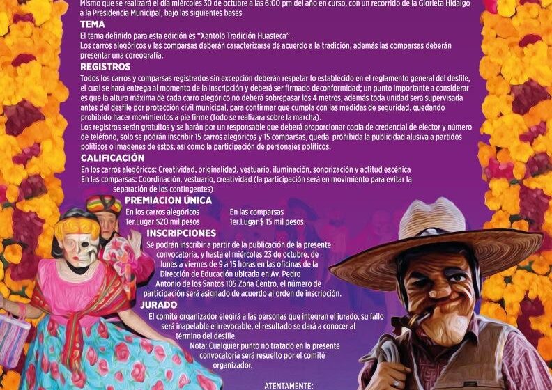 Convocatoria abierta para el Desfile de Carros Alegóricos y Comparsas Xantolo 2024 en Ciudad Valles