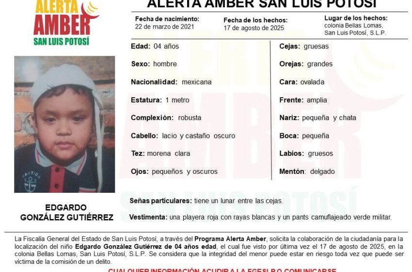  FISCALÍA ACTIVA ALERTA AMBER PARA LOCALIZAR A UN NIÑO DE CUATRO AÑOS EN LA CAPITAL POTOSINA
