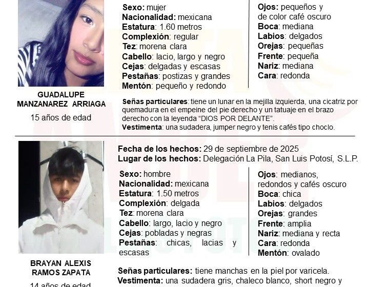  FISCALÍA INICIA ALERTA AMBER PARA LOCALIZAR A DOS ADOLESCENTES EN LA CAPITAL POTOSINA