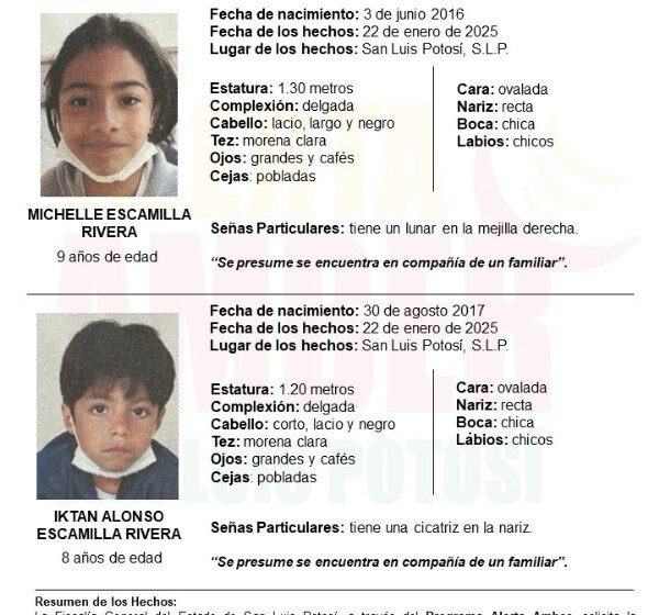 FISCALÍA Y ALERTA AMBER PARA LOCALIZAR A DOS NIÑOS EN SLP