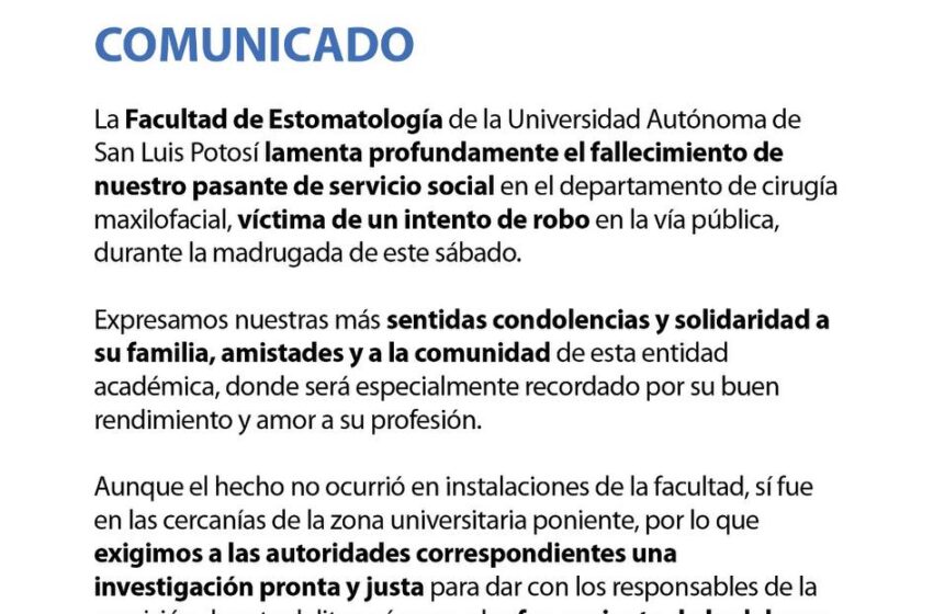  UASLP lamenta profundamente el fallecimiento de un pasante de estomatología
