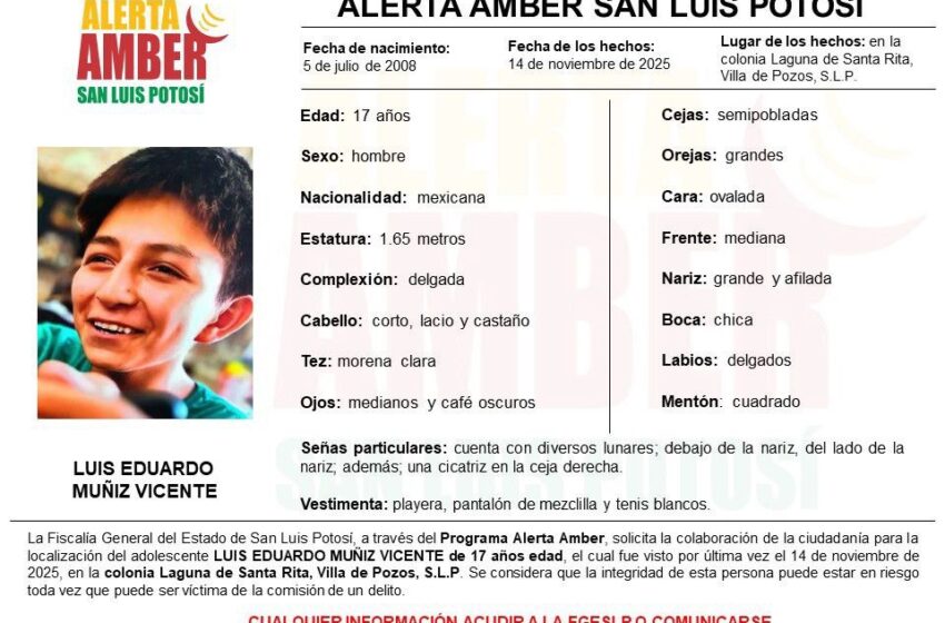  FISCALÍA DE SLP ACTIVÓ UNA ALERTA AMBER PARA LOCALIZAR A UN ADOLESCENTE DE 17 AÑOS*