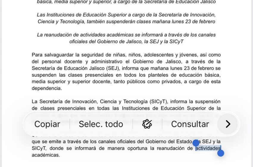  SEJ y SICyT suspenden clases presenciales en Jalisco este lunes 23 de febrero por motivos de seguridad