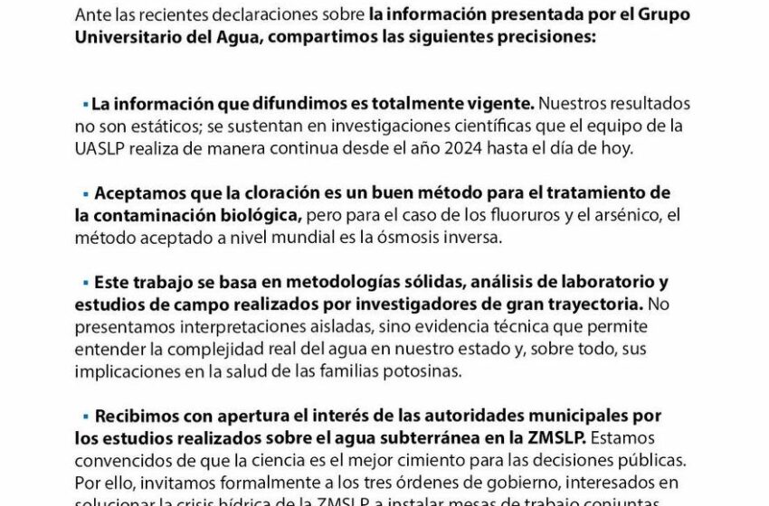  UASLP emite comunicado para precisar alcances de los estudios del Grupo Universitario del Agua