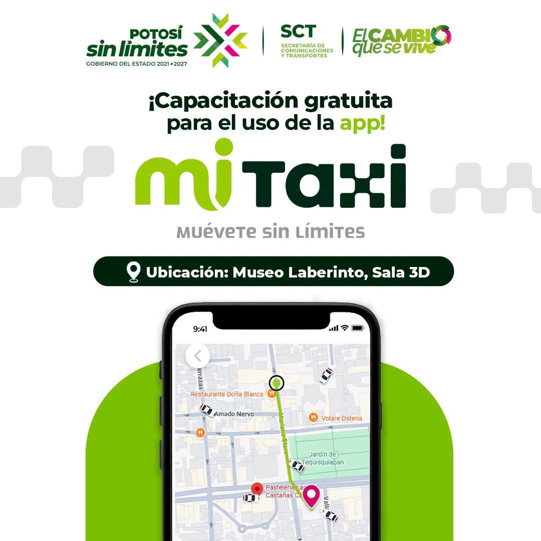 Cartel informativo de la Secretaría de Comunicaciones y Transportes sobre capacitación gratuita para el uso de la aplicación Mi Taxi.