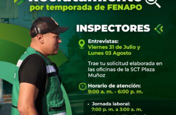Convocatoria de reclutamiento de inspectores temporales para la Fenapo 2026 difundida por la Secretaría de Comunicaciones y Transportes