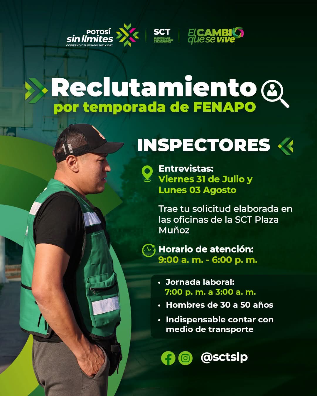 Convocatoria de reclutamiento de inspectores temporales para la Fenapo 2026 difundida por la Secretaría de Comunicaciones y Transportes