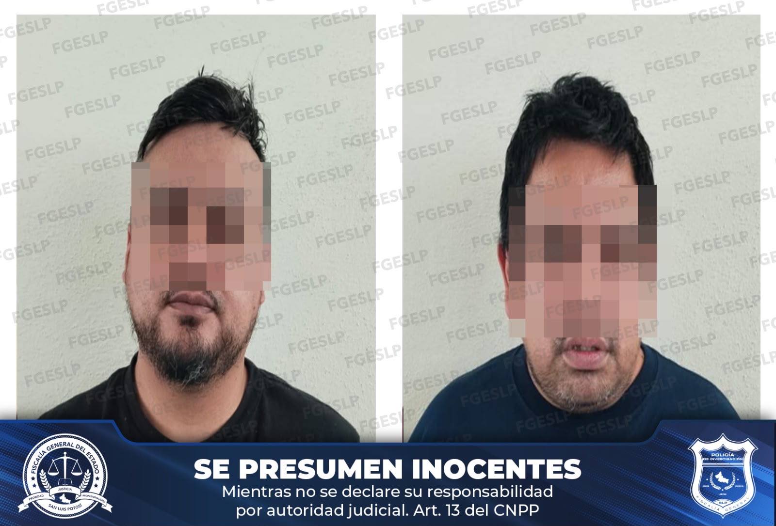 Dos personas detenidas por la Fiscalía de San Luis Potosí, con el rostro cubierto conforme a la presunción de inocencia.