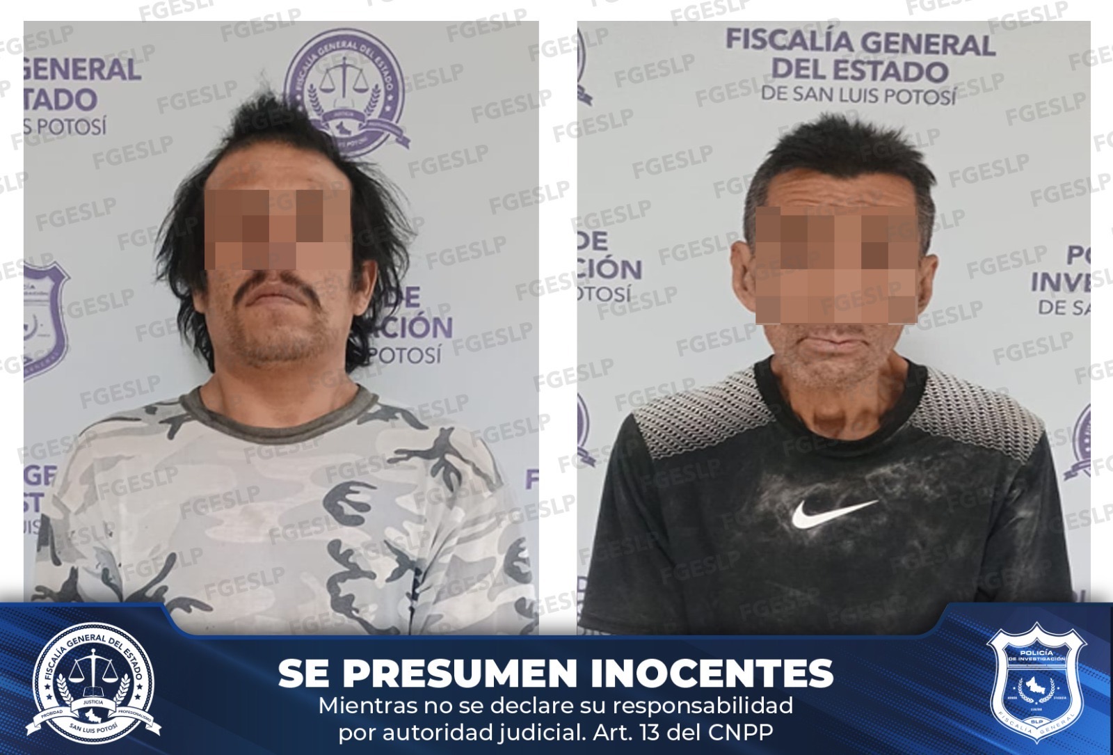 Dos personas detenidas por la Fiscalía de San Luis Potosí, con el rostro cubierto conforme a la presunción de inocencia.