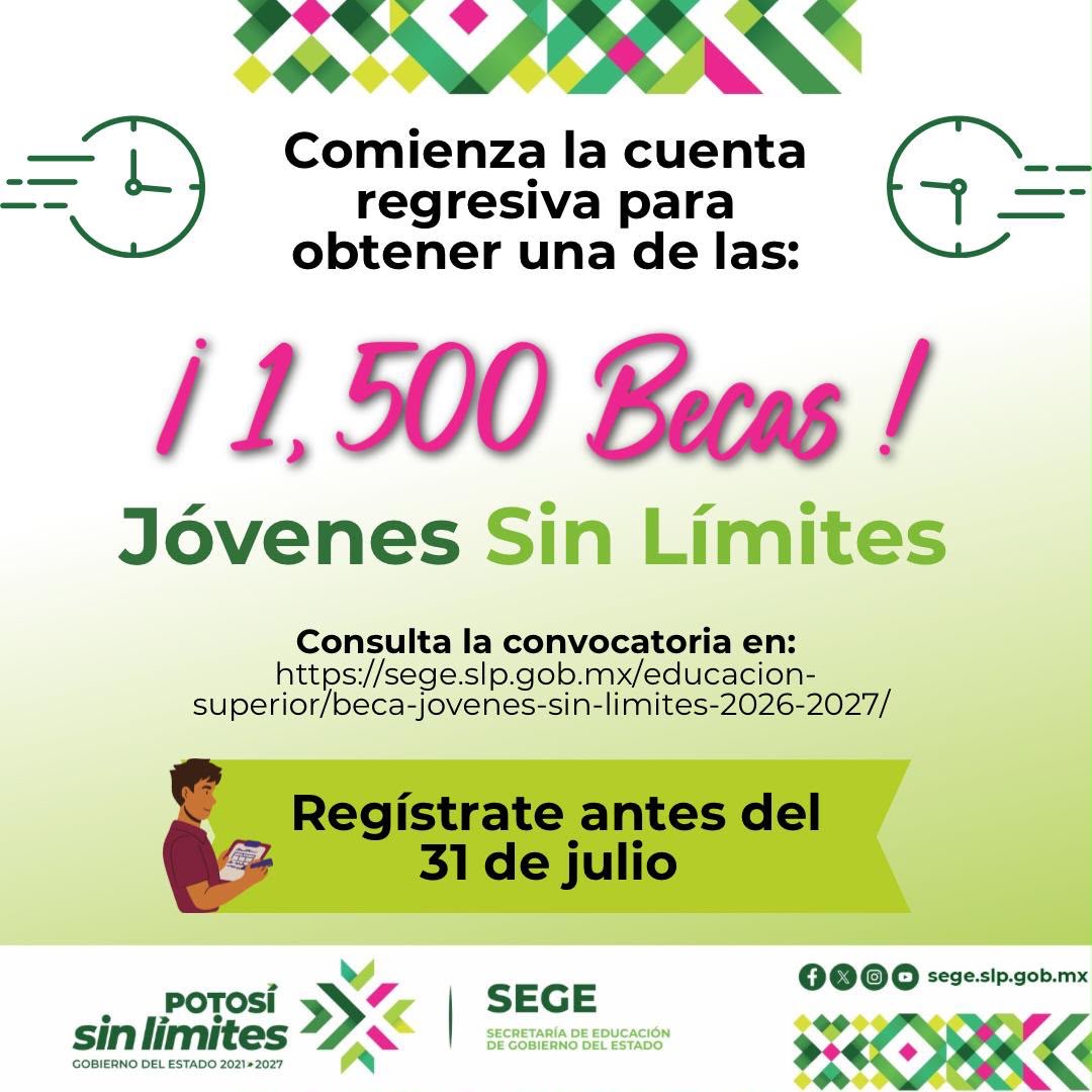 Cartel informativo del programa Becas Jóvenes Sin Límites de la SEGE, con convocatoria abierta hasta el 31 de julio.