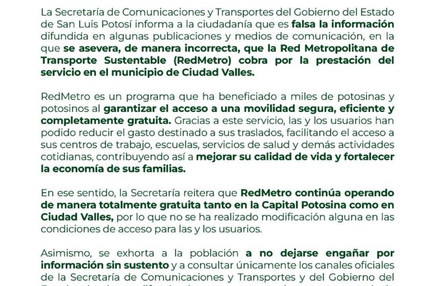  SCT desmiente cobros en RedMetro de Ciudad Valles