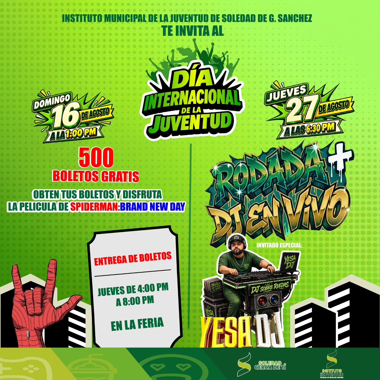 Cartel del Instituto Municipal de la Juventud de Soledad de Graciano Sánchez con actividades por el Día Internacional de la Juventud.