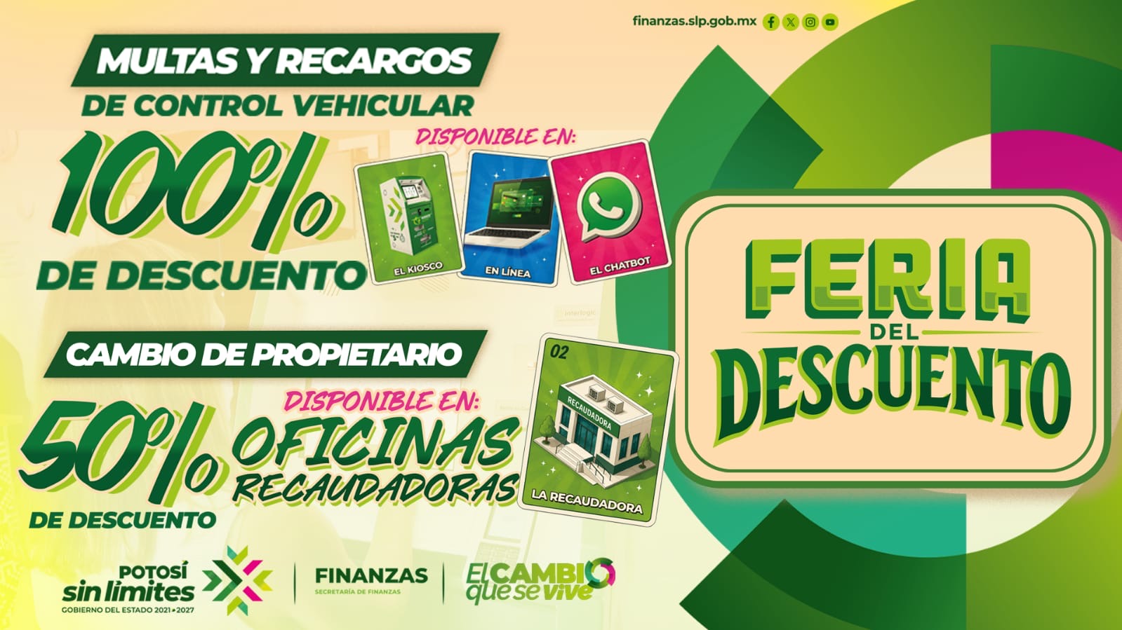 Imagen informativa de la Secretaría de Finanzas sobre descuentos en trámites vehiculares durante la Feria Nacional Potosina 2026.