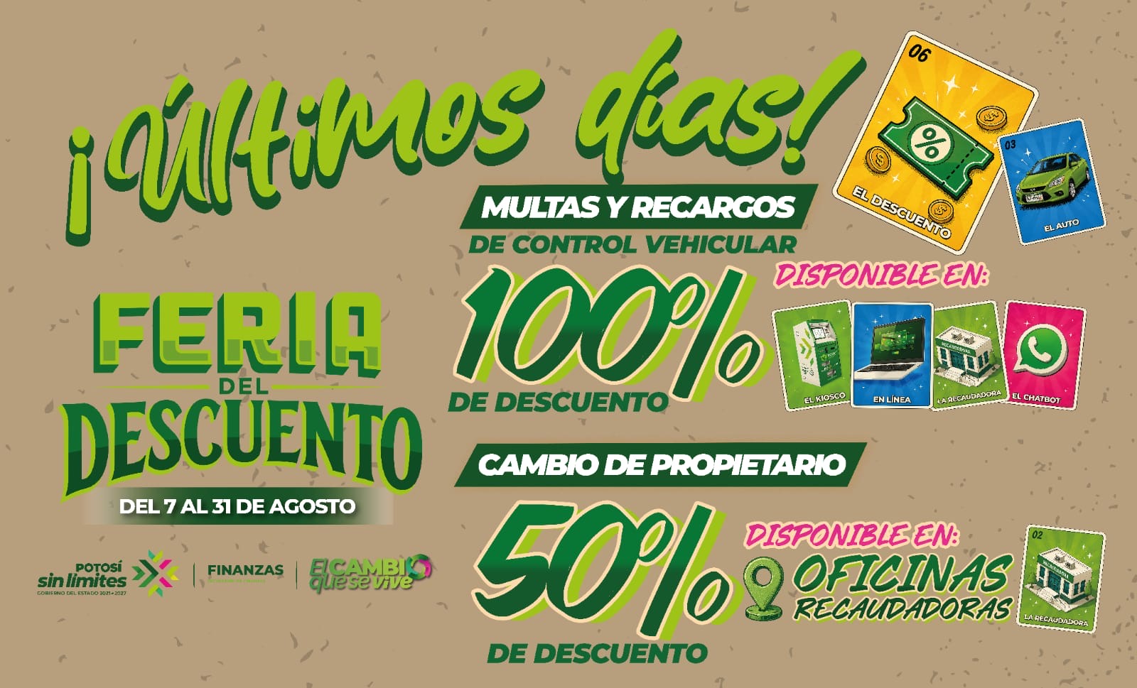 Cartel de la Secretaría de Finanzas sobre descuentos en multas, recargos de control vehicular y cambio de propietario en San Luis Potosí.