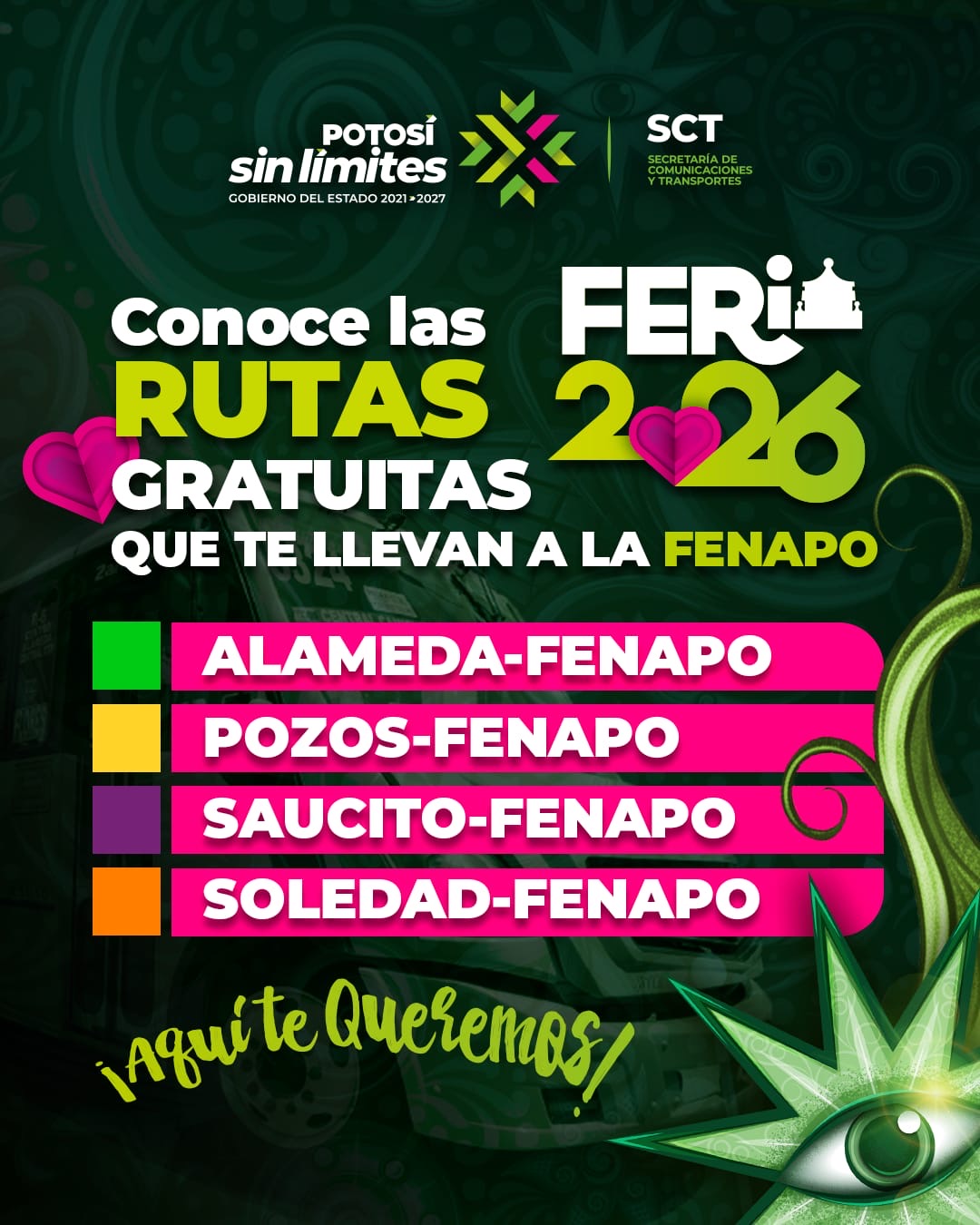 Imagen informativa de la SCT sobre rutas gratuitas y servicio RedMetro para llegar a la Feria Nacional Potosina 2026.