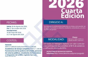 Cartel del Diplomado en Derecho Notarial 2026 de la UASLP, organizado por la Facultad de Derecho y el Colegio de Notarios del Estado de San Luis Potosí.