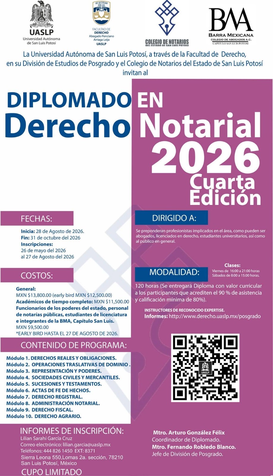 Cartel del Diplomado en Derecho Notarial 2026 de la UASLP, organizado por la Facultad de Derecho y el Colegio de Notarios del Estado de San Luis Potosí.