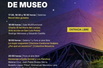 Cartel de la Noche de Museo del MUNI de la UASLP, con actividades de recorridos, performance y música en vivo el 20 de agosto de 2026.