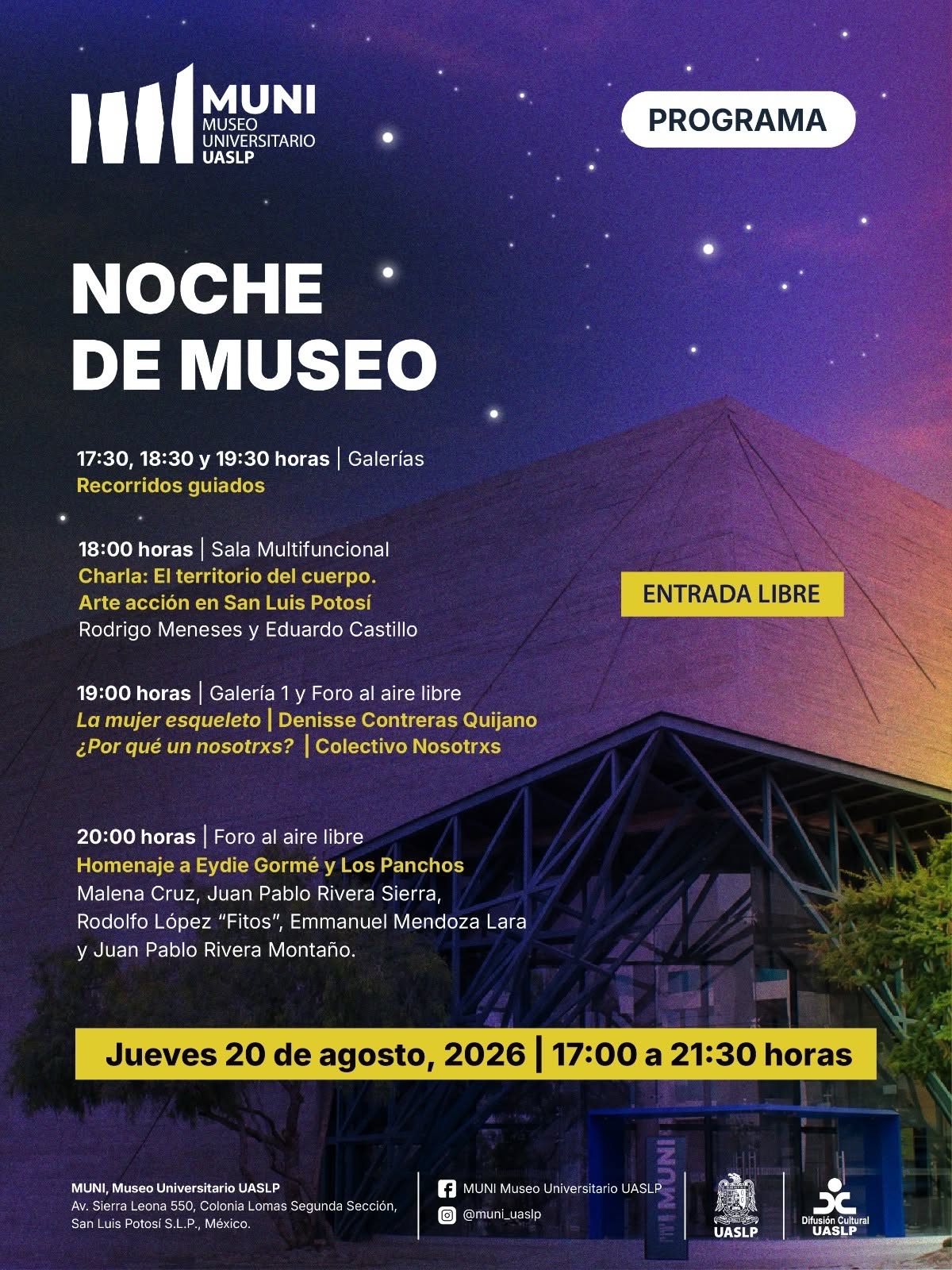 Cartel de la Noche de Museo del MUNI de la UASLP, con actividades de recorridos, performance y música en vivo el 20 de agosto de 2026.