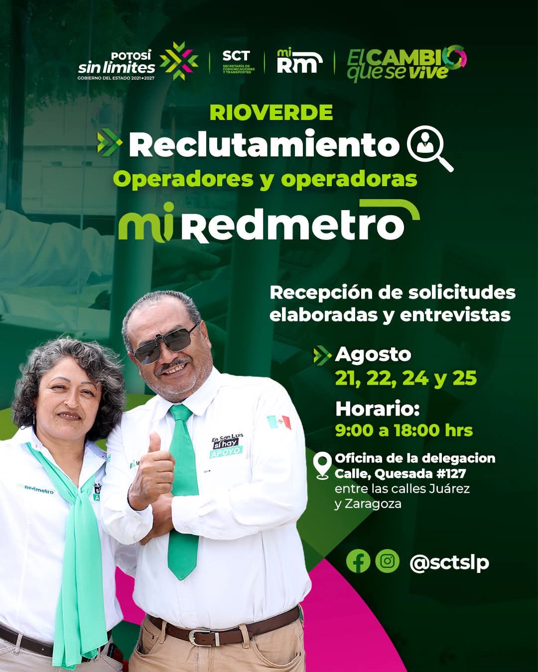 Cartel de Mi RedMetro con convocatoria de reclutamiento para operadores y operadoras en Rioverde, con fechas, horario y ubicación de recepción de solicitudes.