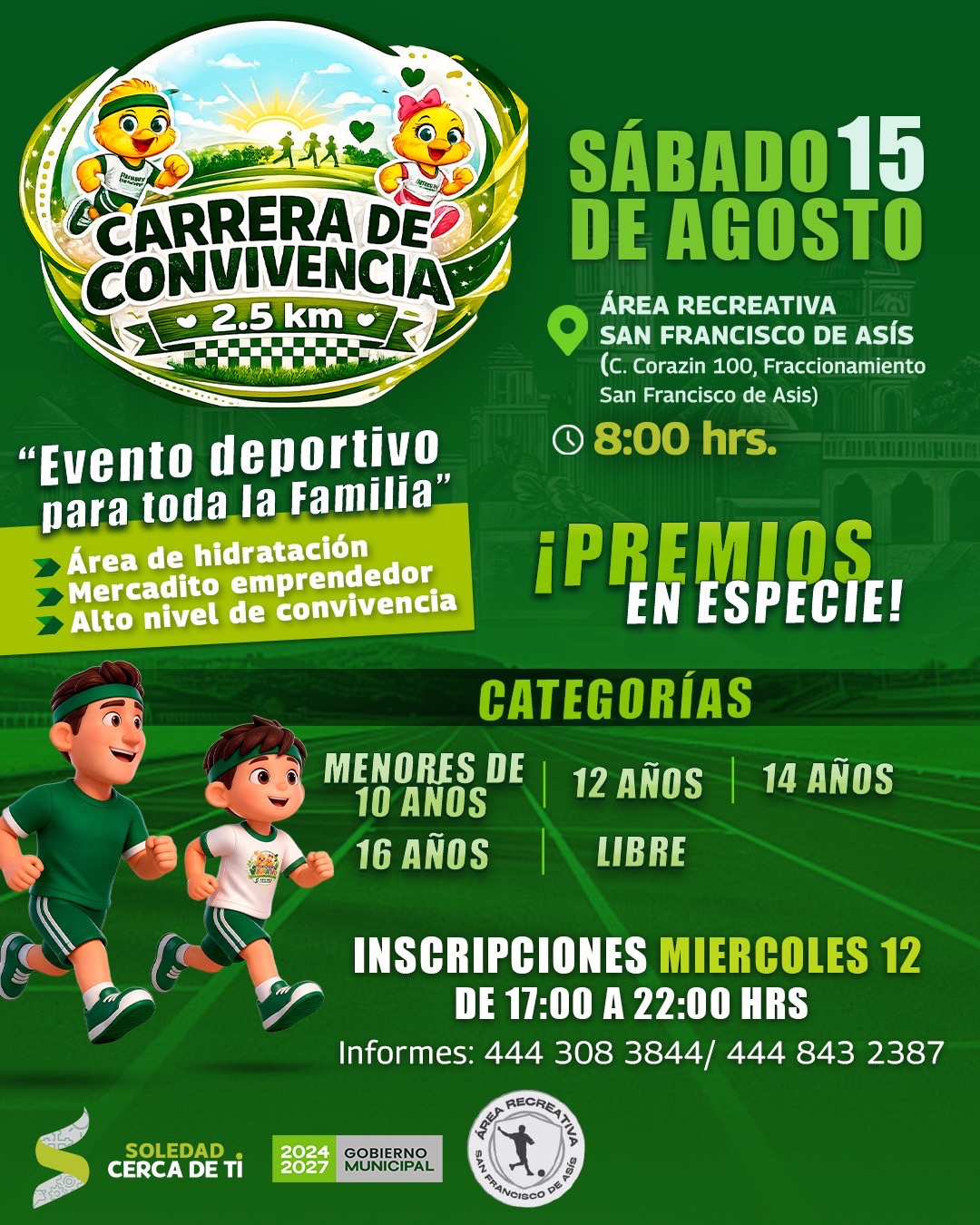 Cartel informativo de la Carrera de Convivencia del Área Recreativa San Francisco de Asís en Soledad de Graciano Sánchez.