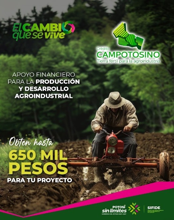 Imagen informativa de Campotosino sobre apoyo financiero para proyectos agroindustriales durante la Feria Nacional Potosina 2026.