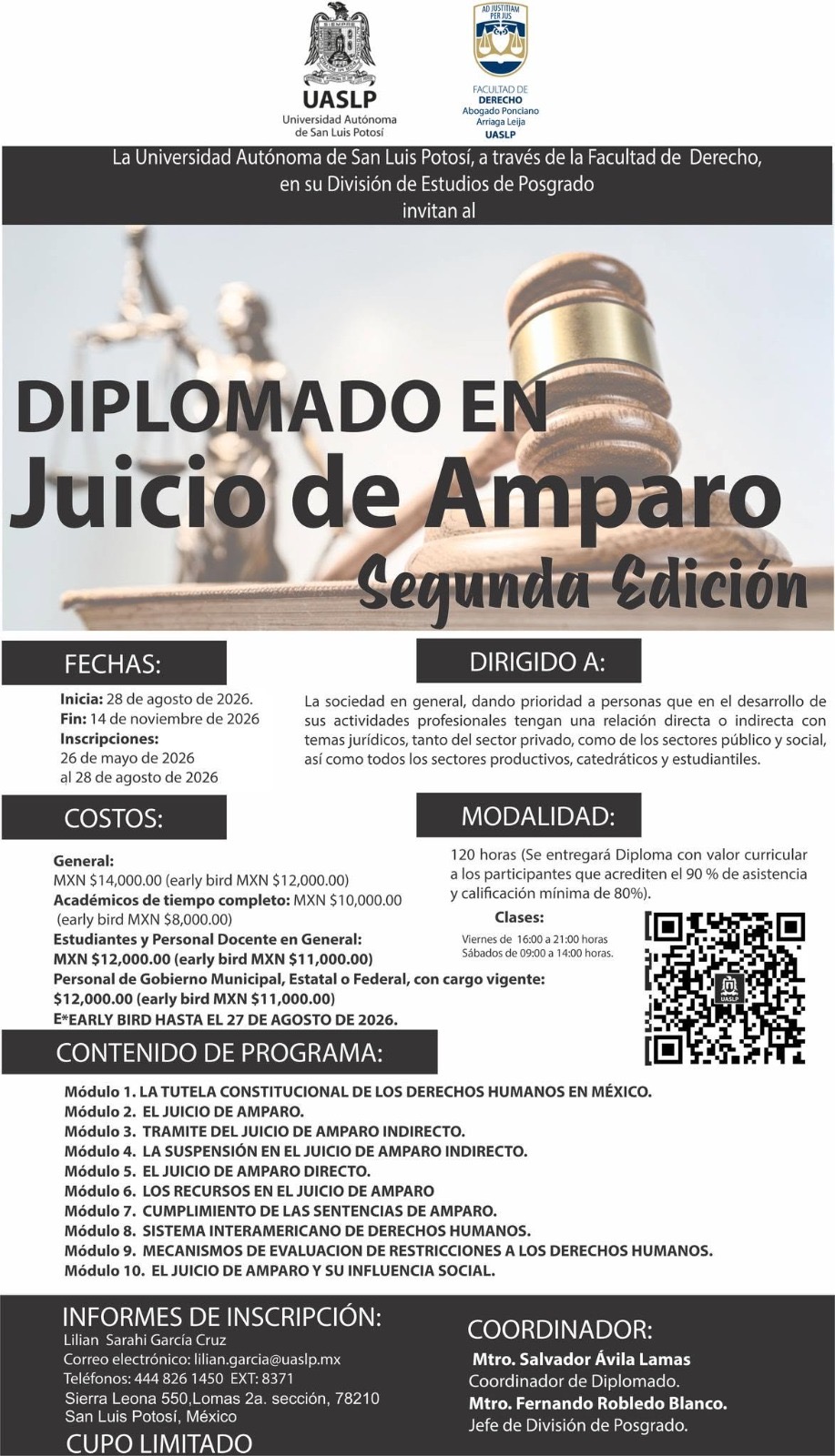 Cartel del Diplomado en Juicio de Amparo de la UASLP, segunda edición, organizado por la Facultad de Derecho Abogado Ponciano Arriaga Leija.