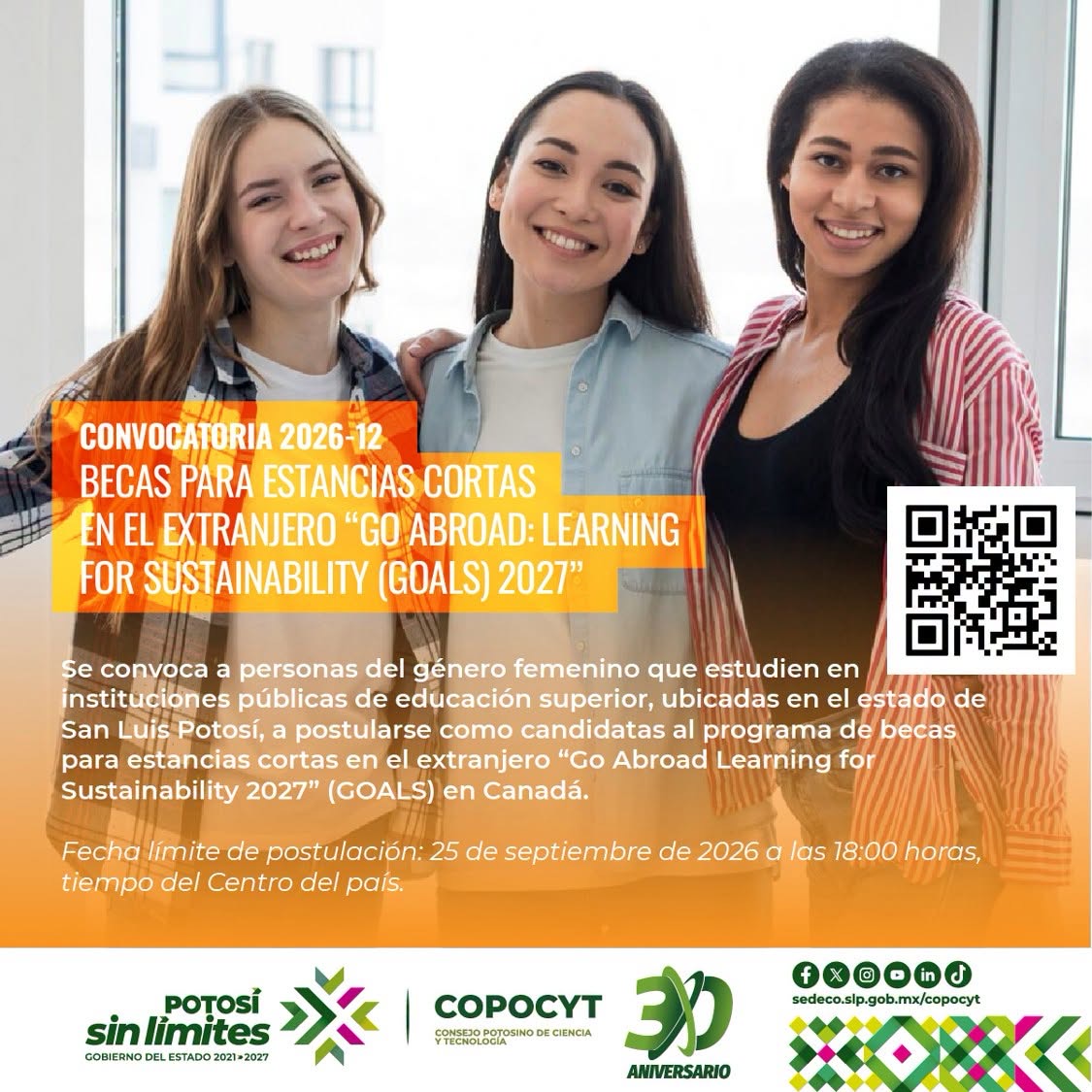 Imagen informativa del Copocyt sobre becas para estancias cortas en Canadá dirigidas a universitarias potosinas.