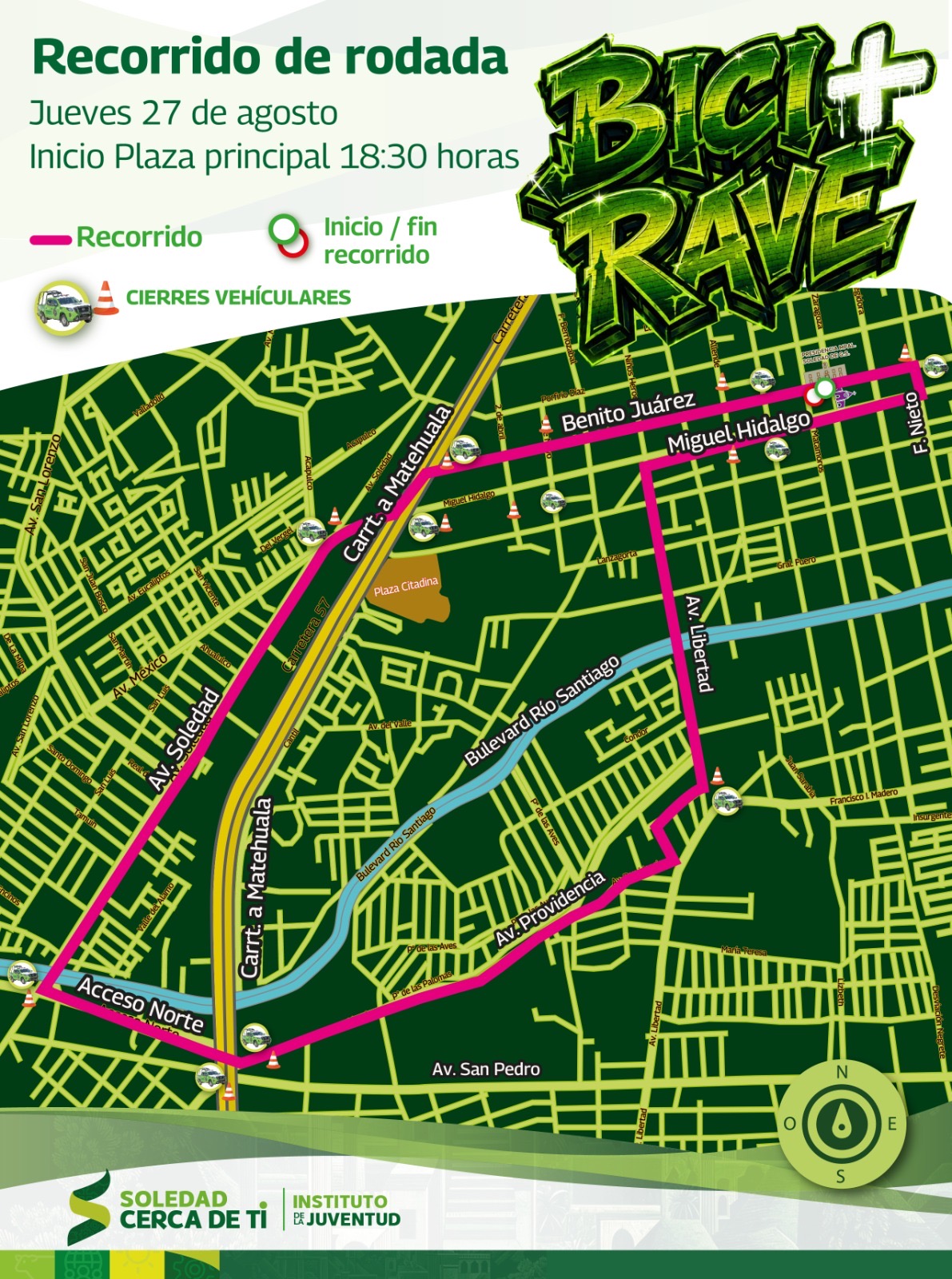 Mapa del recorrido de la rodada nocturna Bici + Rave que realizará el Ayuntamiento de Soledad de Graciano Sánchez el 27 de agosto.