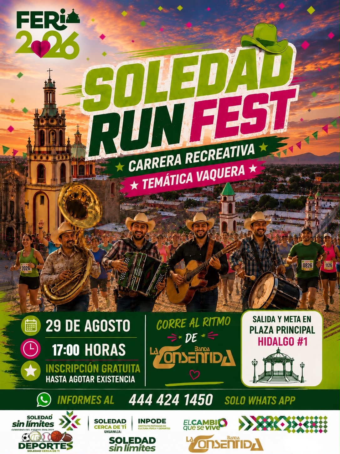 Cartel de la carrera recreativa Soledad Run Fest 2026, con temática vaquera, música de banda en vivo e inscripción gratuita en la Plaza Principal de Soledad.