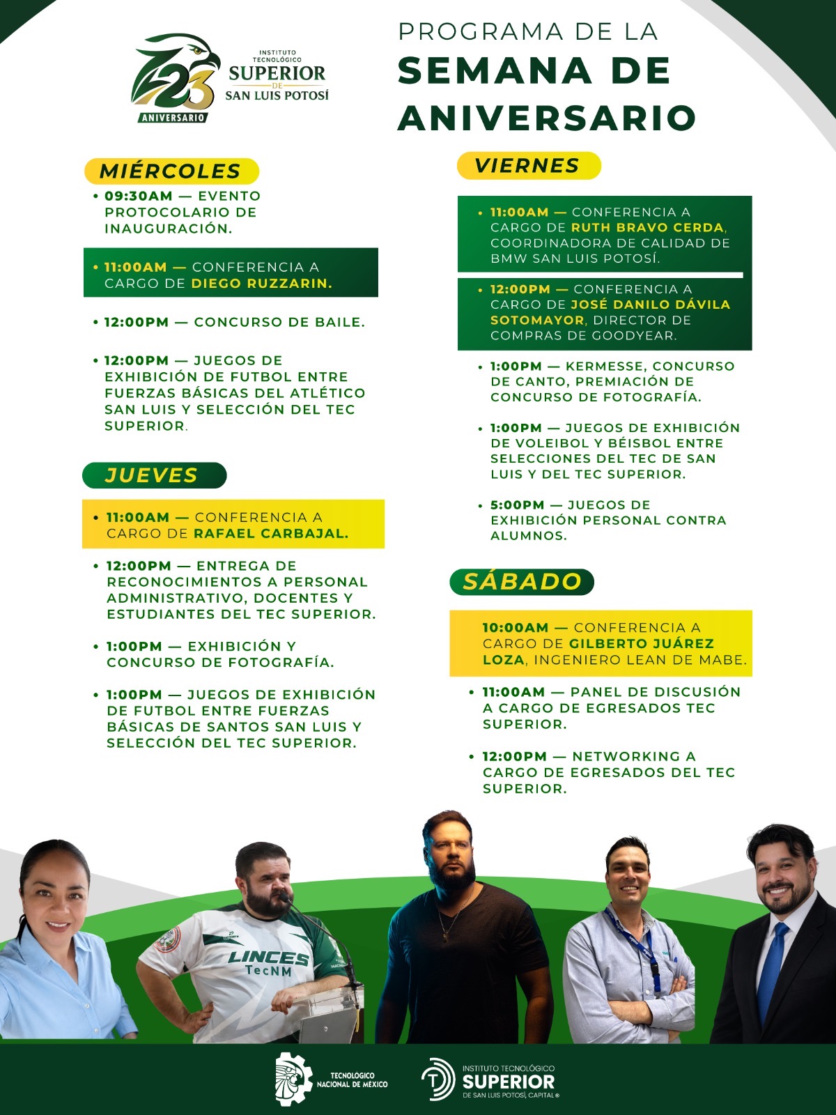 Programa de actividades por el 23 aniversario del Instituto Tecnológico Superior de San Luis Potosí, con conferencias, encuentros académicos y actividades culturales.