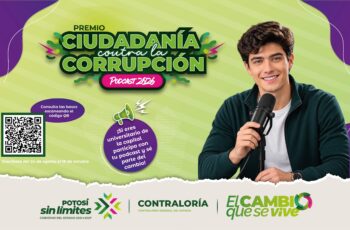 Cartel del concurso Podcast, Ciudadanía contra la Corrupción 2026, dirigido a estudiantes universitarios de San Luis Potosí.