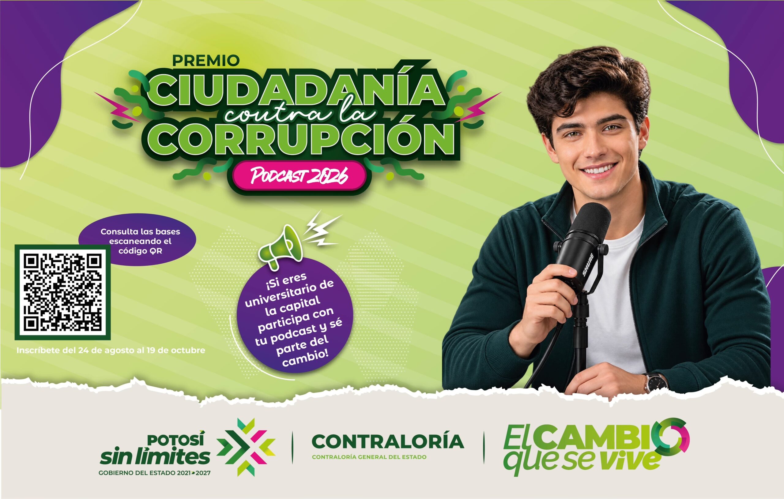Cartel del concurso Podcast, Ciudadanía contra la Corrupción 2026, dirigido a estudiantes universitarios de San Luis Potosí.