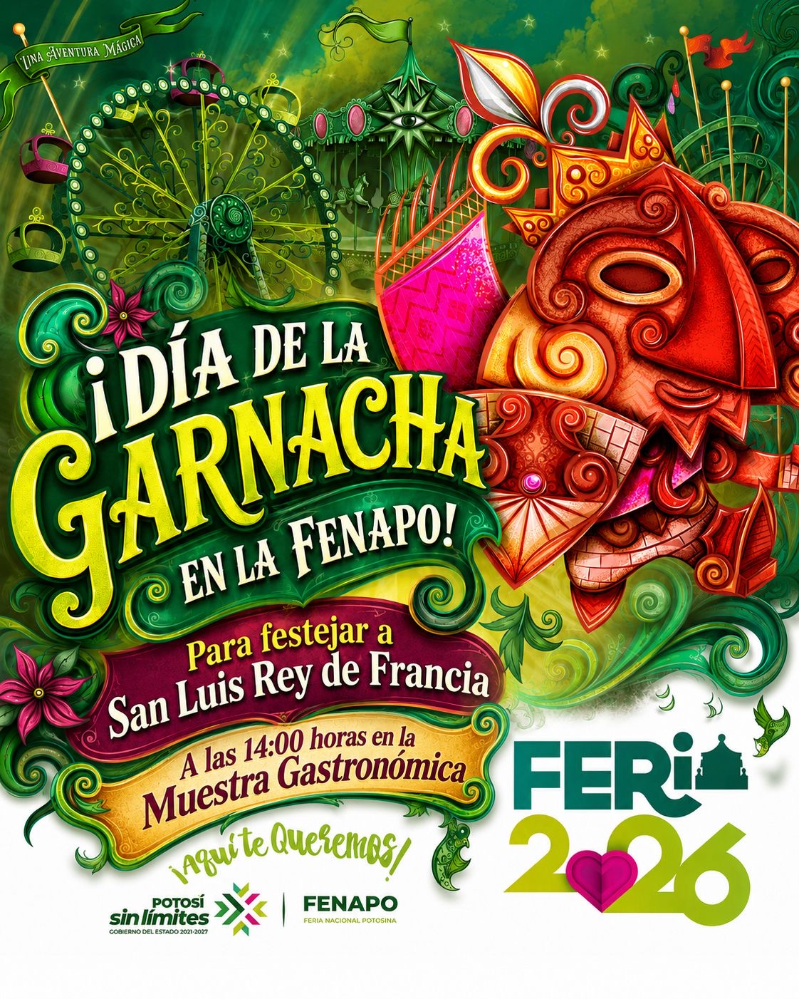 Cartel del Día de la Garnacha en la Feria Nacional Potosina 2026, con comida gratis en la Muestra Gastronómica a partir de las 14:00 horas.