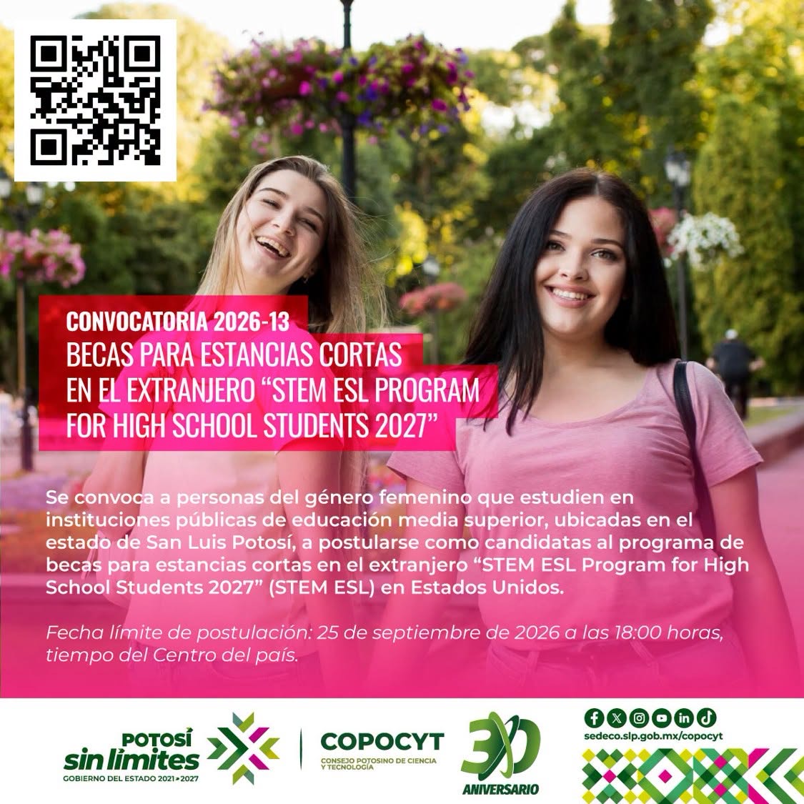 Imagen informativa del Copocyt sobre becas STEM para jóvenes potosinas en Estados Unidos.