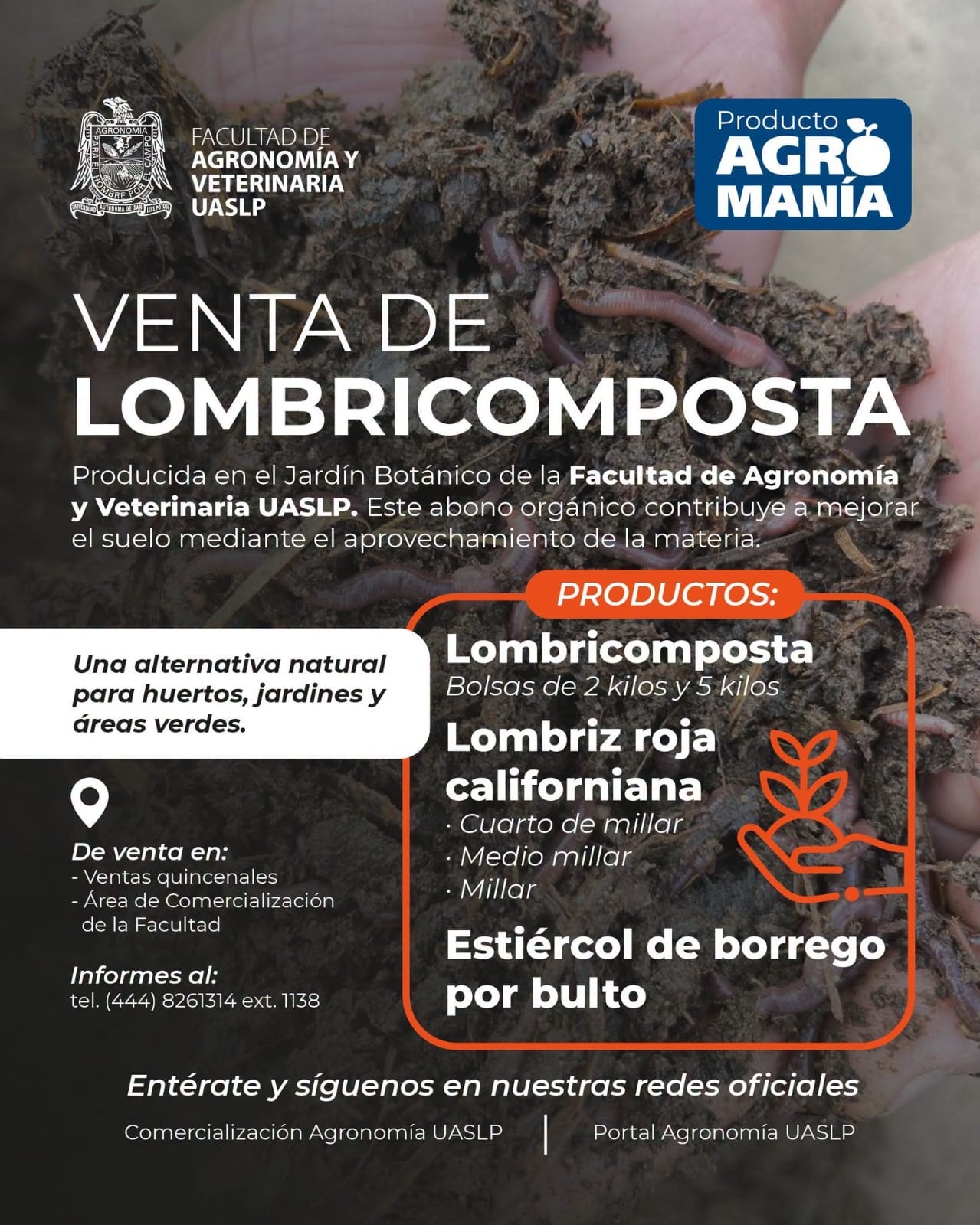 Imagen informativa de la Facultad de Agronomía y Veterinaria de la UASLP sobre venta de lombricomposta y lombriz roja californiana