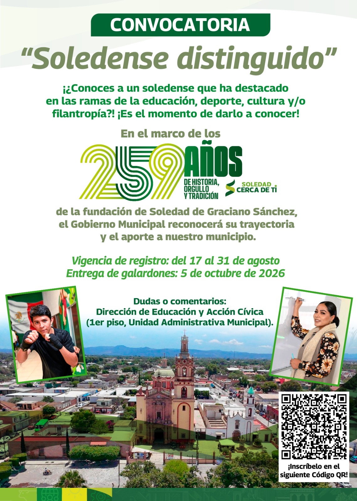 Cartel de la convocatoria Soledenses Distinguidos por el 259 aniversario de Soledad de Graciano Sánchez.