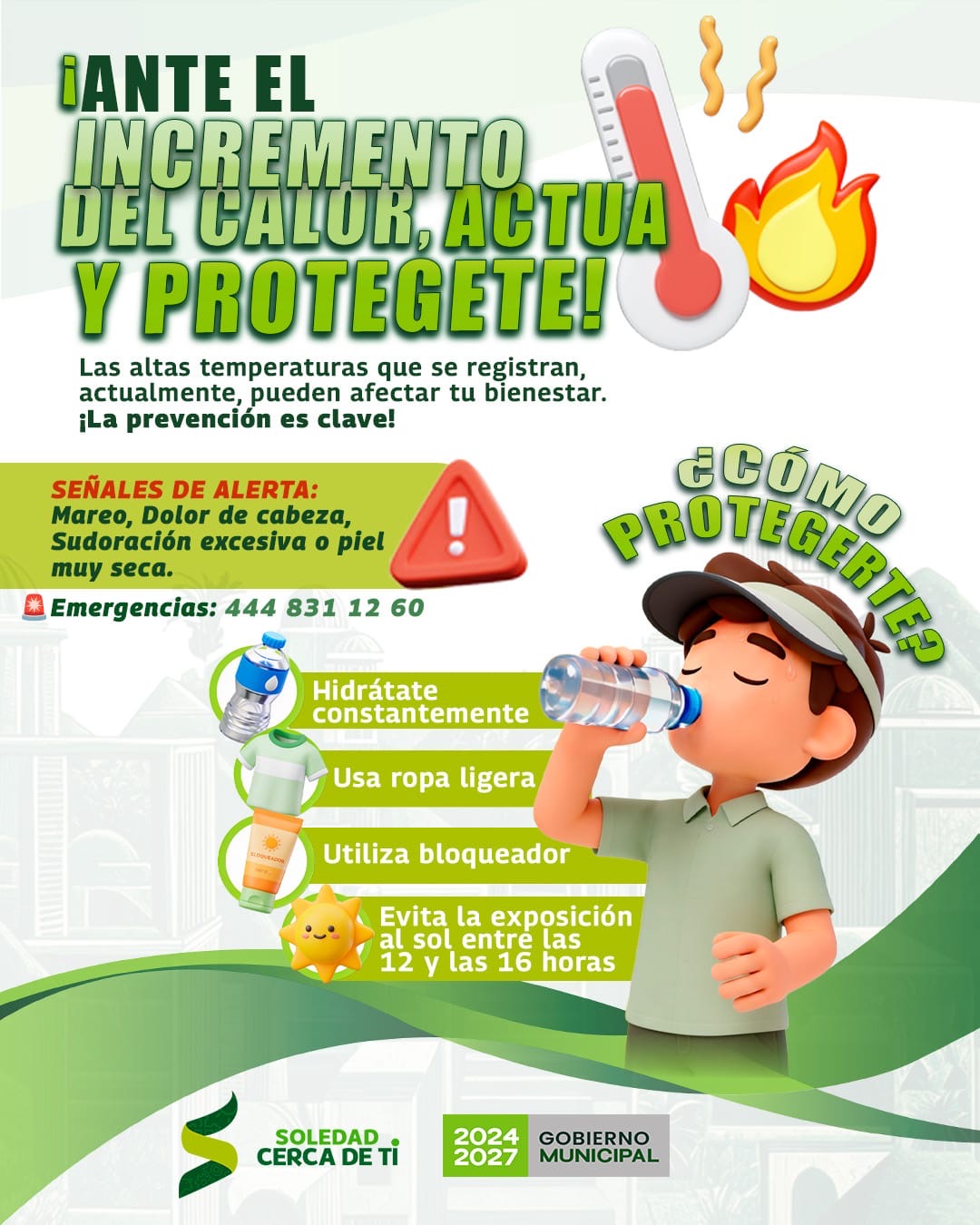 Cartel informativo de Protección Civil de Soledad con recomendaciones para prevenir golpes de calor ante altas temperaturas.
