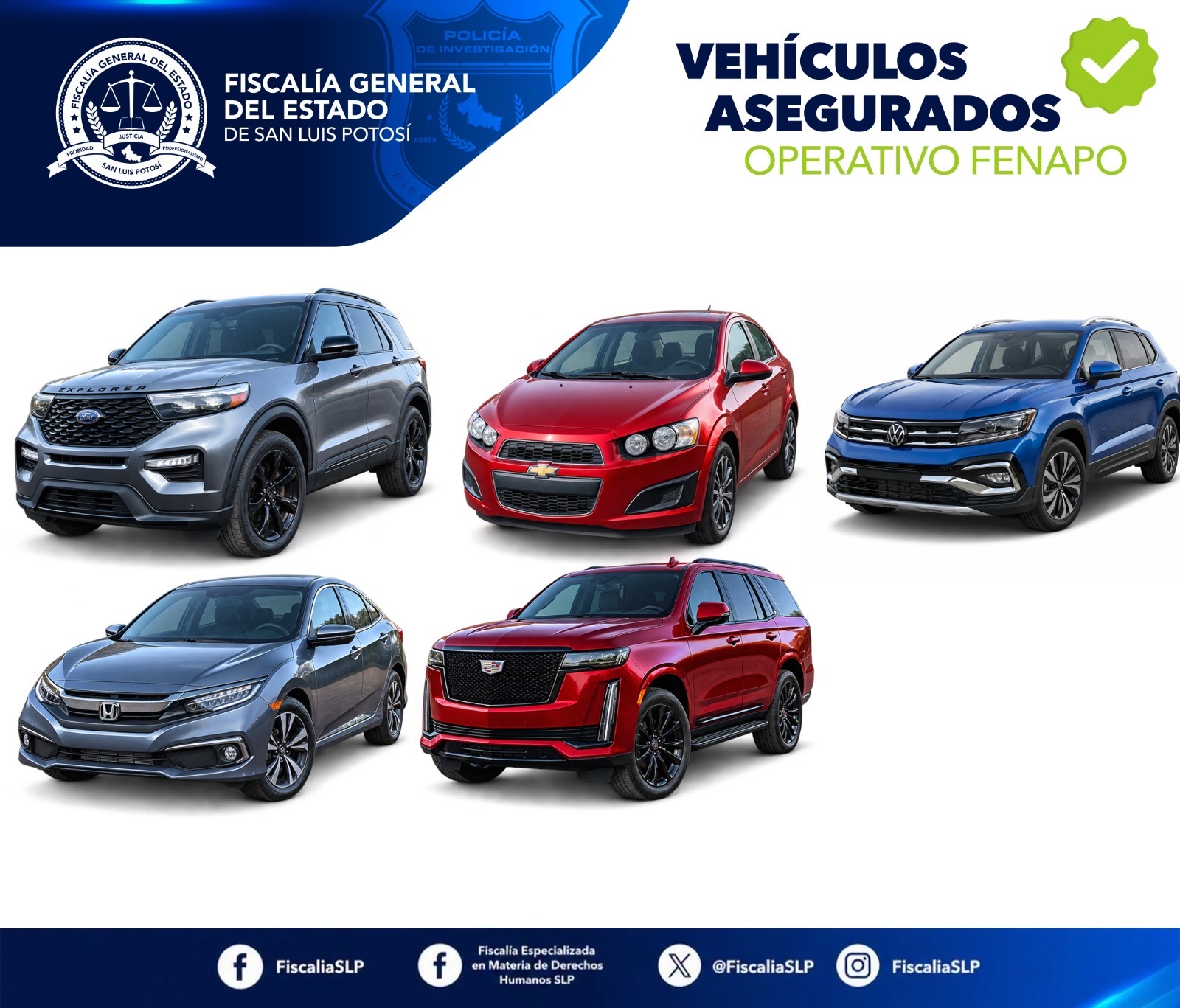 Gráfico de la Fiscalía General del Estado de San Luis Potosí sobre vehículos asegurados durante el operativo FENAPO