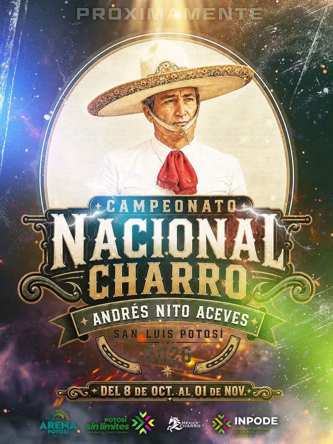 Cartel del LXXXII Congreso y Campeonato Nacional Charro 2026 en San Luis Potosí, dedicado a Andrés Nito Aceves.