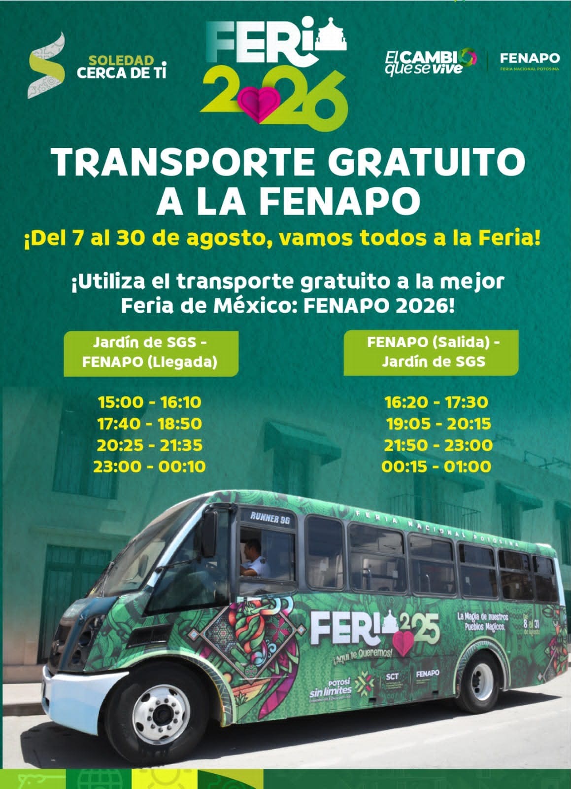 Cartel informativo sobre transporte gratuito desde el Jardín Principal de Soledad hacia la Feria Nacional Potosina 2026.