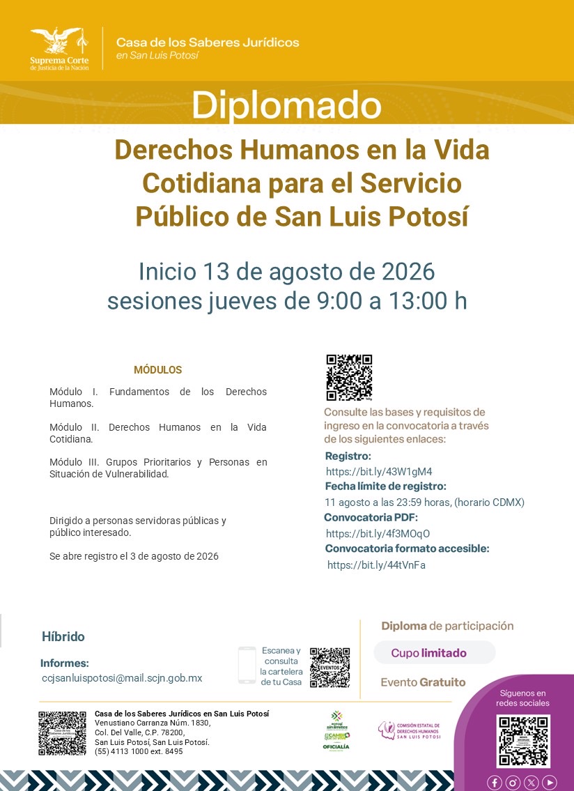 Cartel informativo del diplomado Derechos Humanos en la Vida Cotidiana para el Servicio Público de San Luis Potosí.