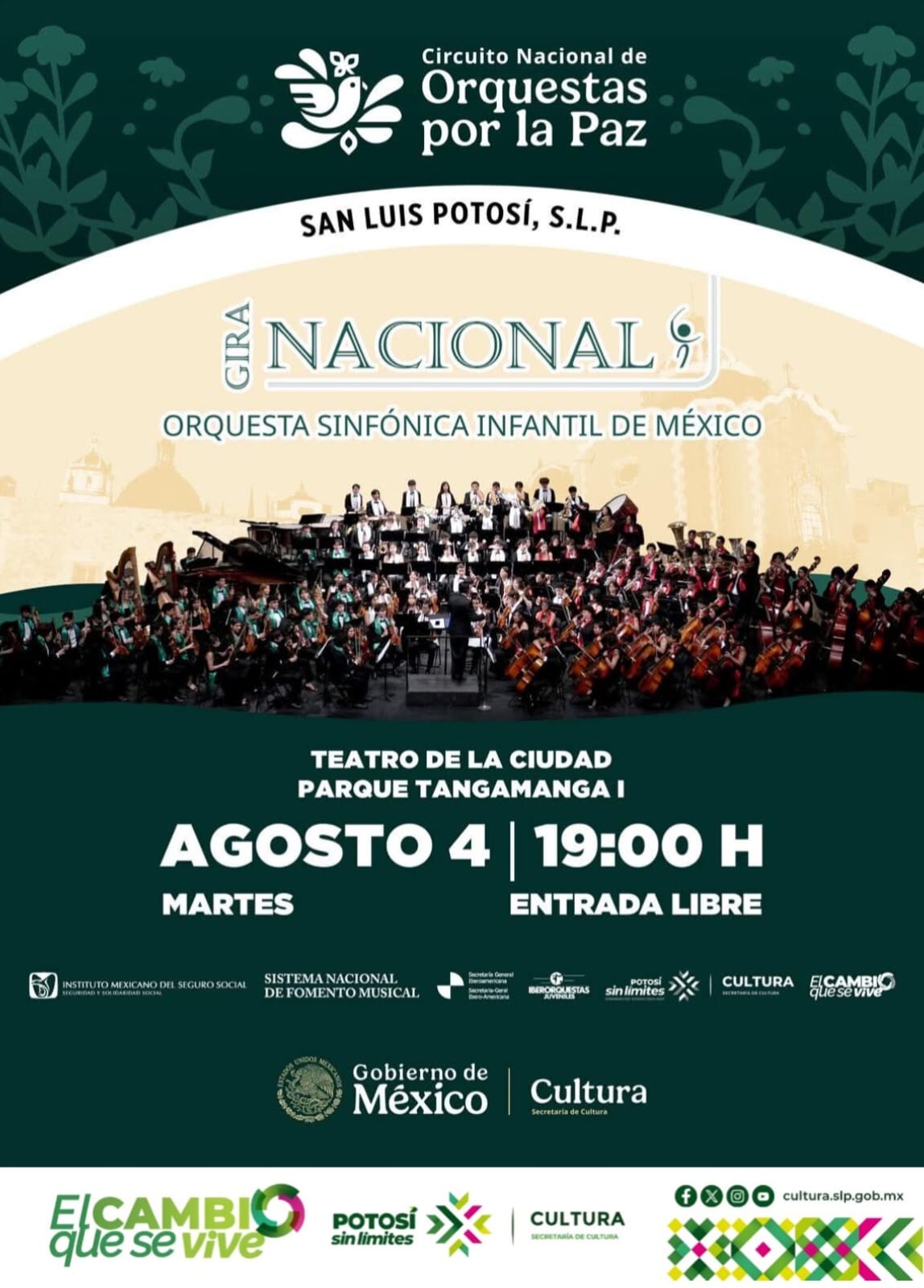 Cartel del concierto gratuito de la Orquesta Sinfónica Infantil de México en el Teatro de la Ciudad del Parque Tangamanga I