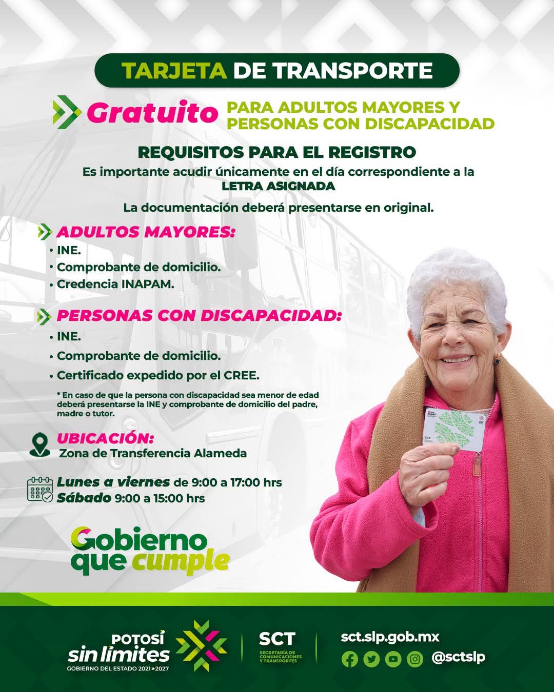 Información sobre requisitos para la Tarjeta de Transporte Gratuito dirigida a adultos mayores y personas con discapacidad en San Luis Potosí