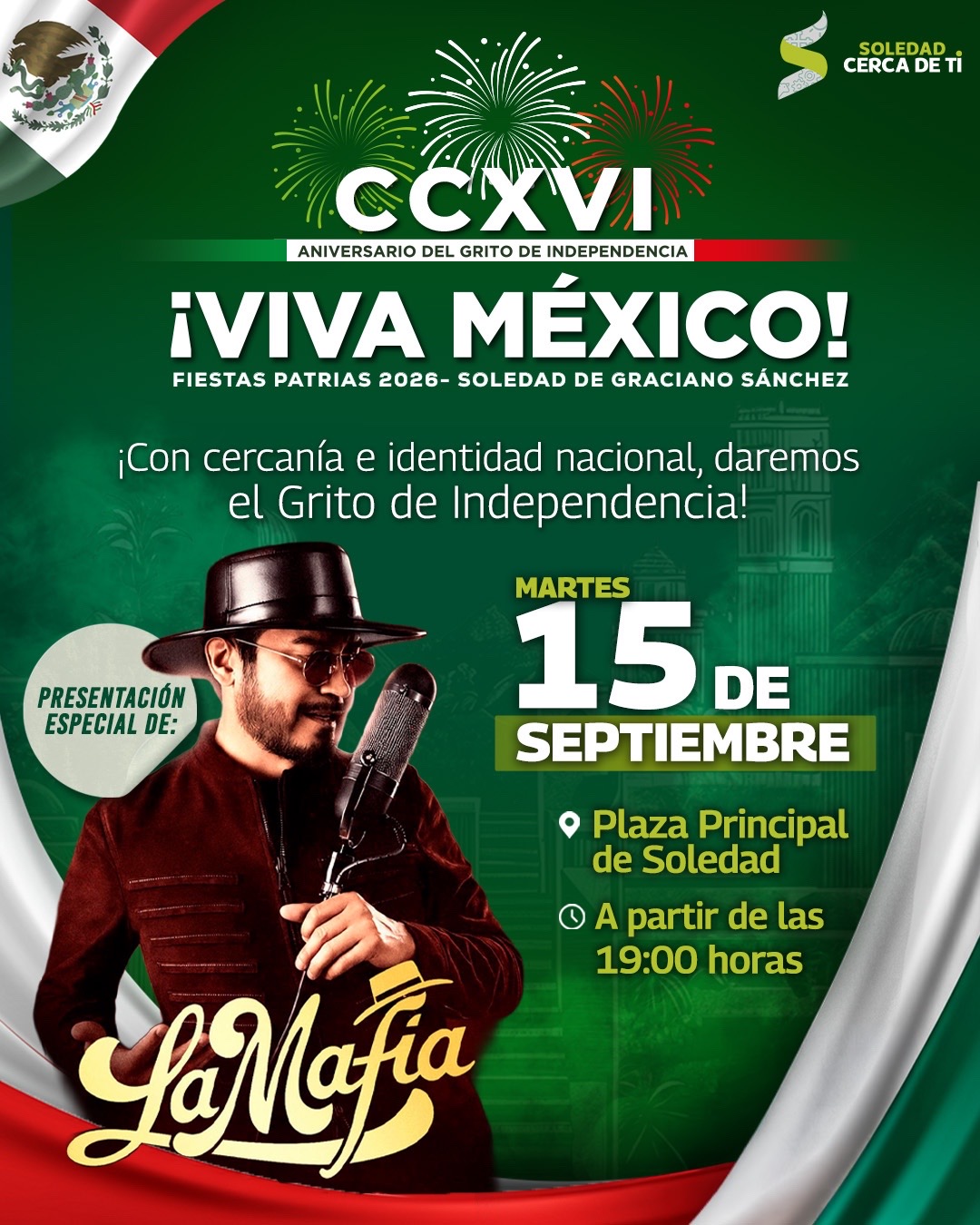 Cartel de los festejos patrios del 15 de septiembre en Soledad de Graciano Sánchez con la presentación de La Mafia