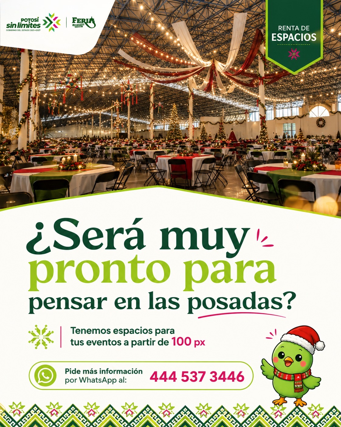 Cartel de la Fenapo que promociona la renta de espacios para eventos durante todo el año