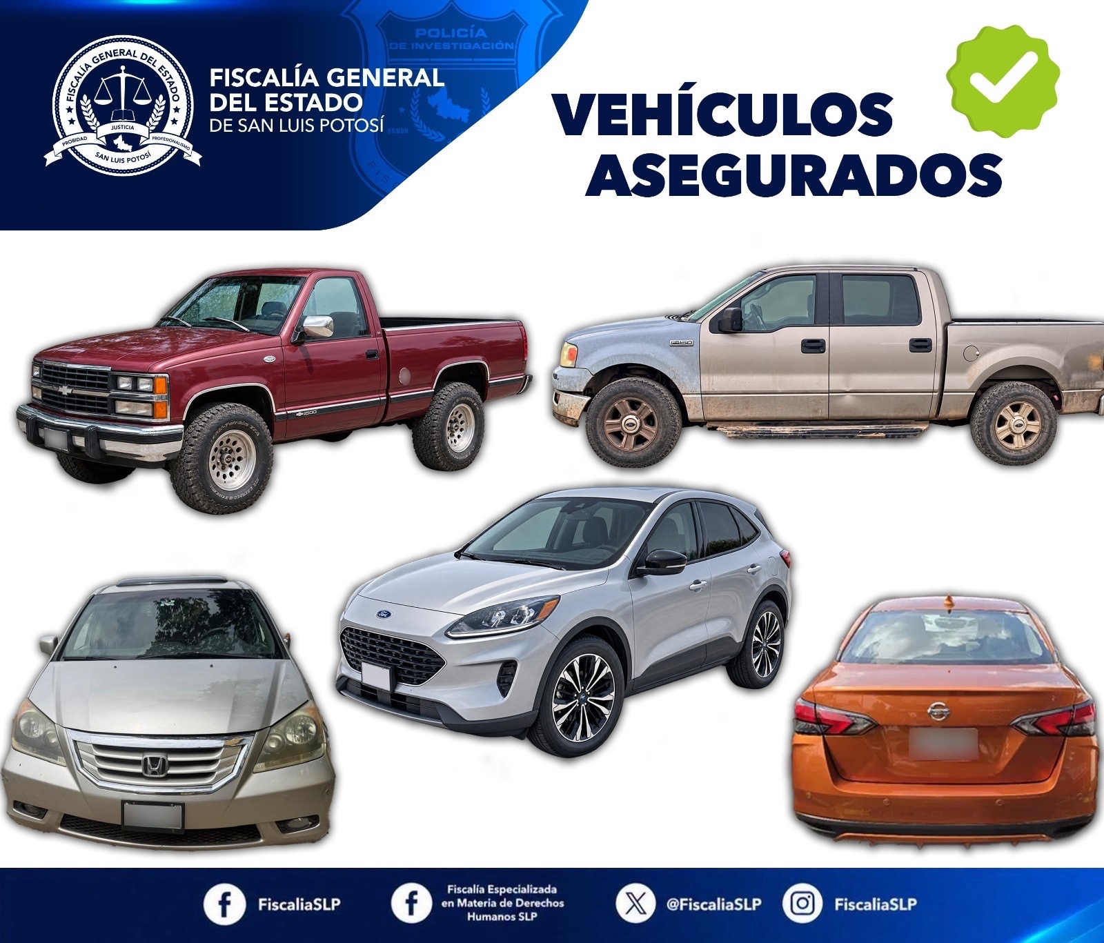 Gráfico de la Fiscalía General del Estado de San Luis Potosí con los cinco vehículos asegurados por la Policía de Investigación.