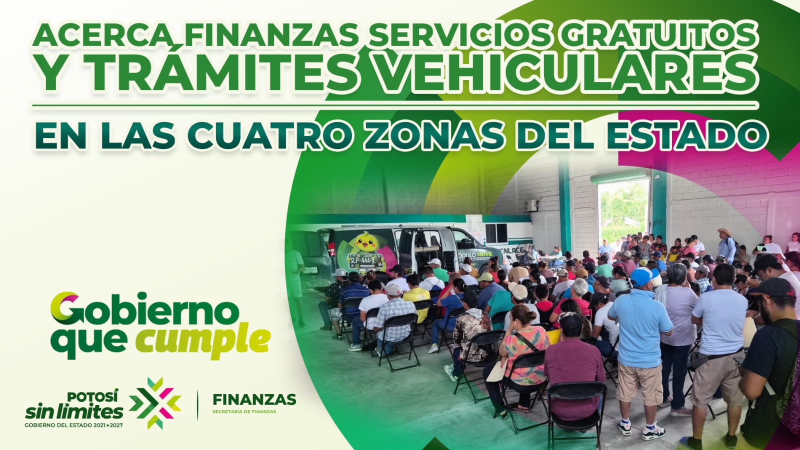 Módulo Móvil de Atención de la Secretaría de Finanzas durante una jornada de trámites vehiculares y licencias en San Vicente Tancuayalab
